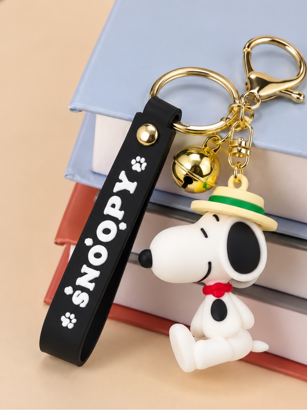 Peanuts Snoopy Bag Charm Keychain with Hat, Bell & Black Strap